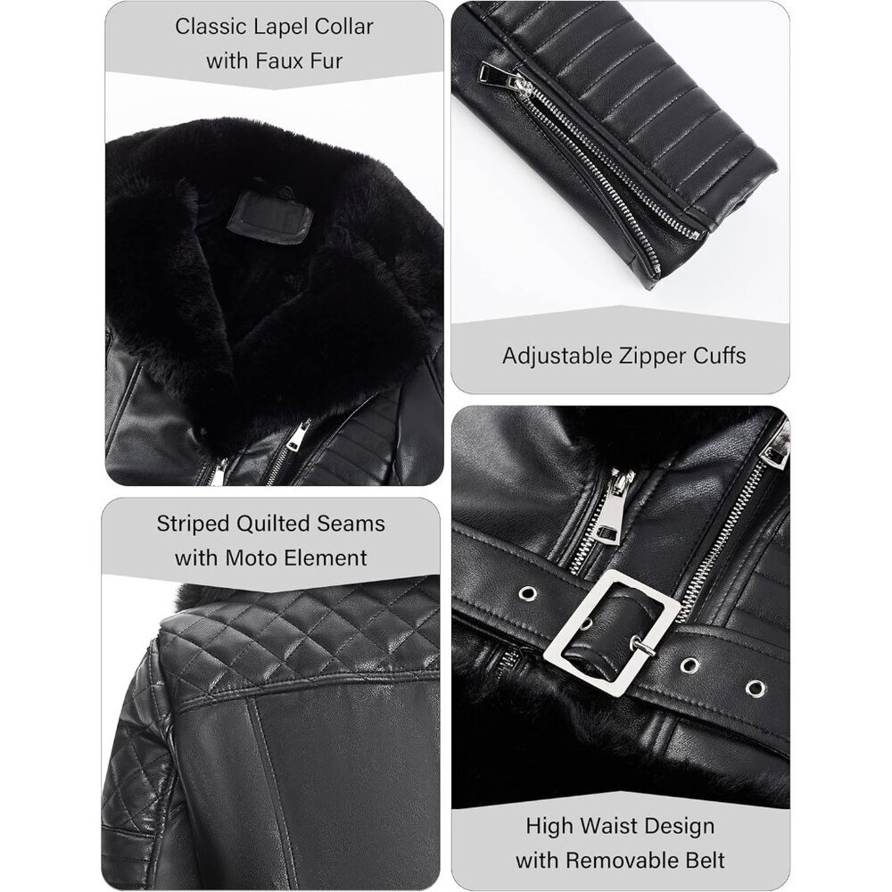 Women Faux Leather Jacket Moto Biker Coat with Removable Fur Collar Black Belt - Picture 5 of 6